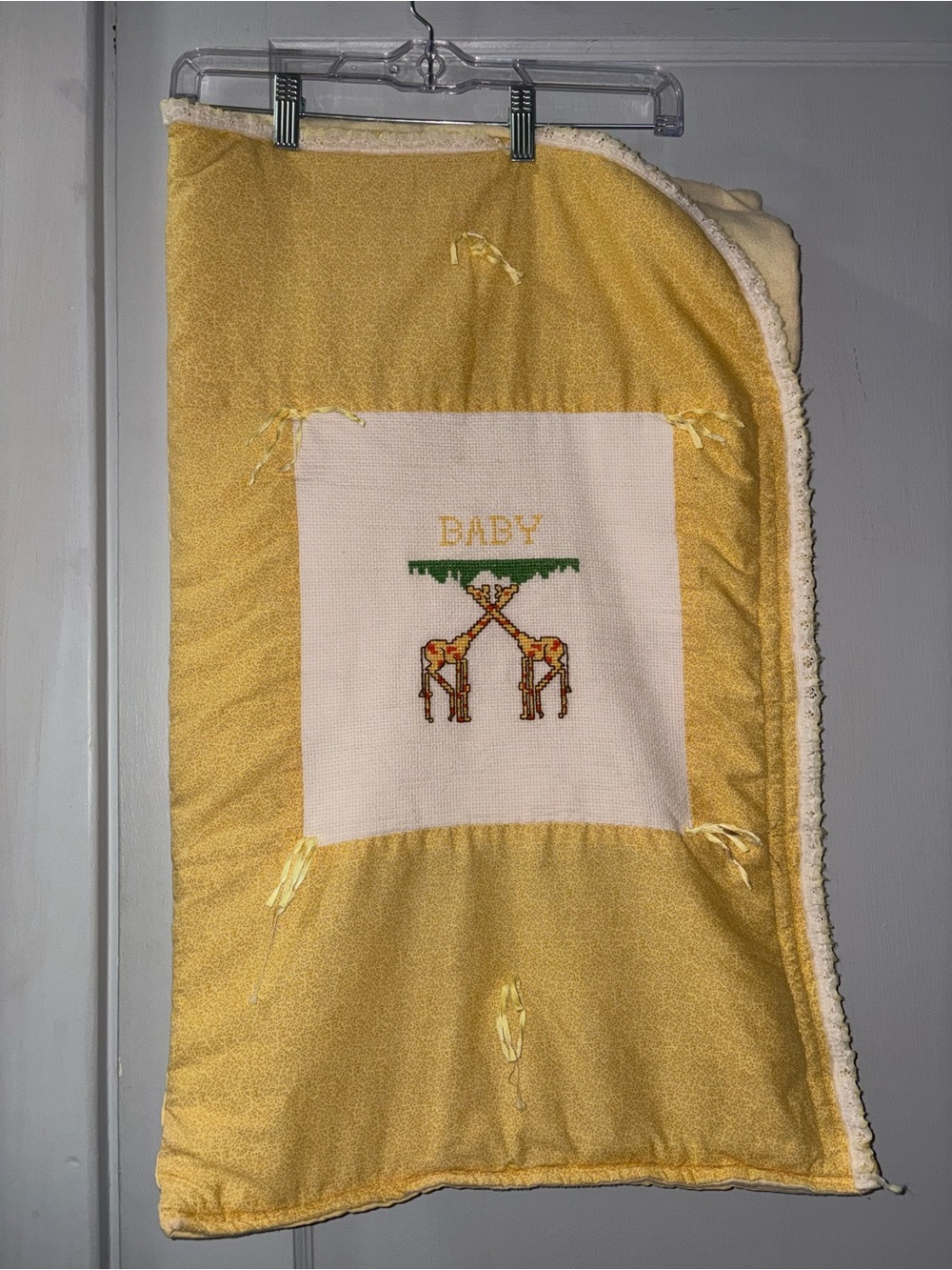 Vintage Yellow Baby Blanket with Giraffe Cross-Stitch